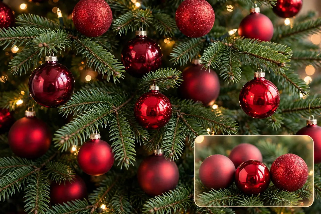Close-up of cherry red, burgundy and muted red ornaments on green branches in matte, shiny and glitter finishes with warm lights