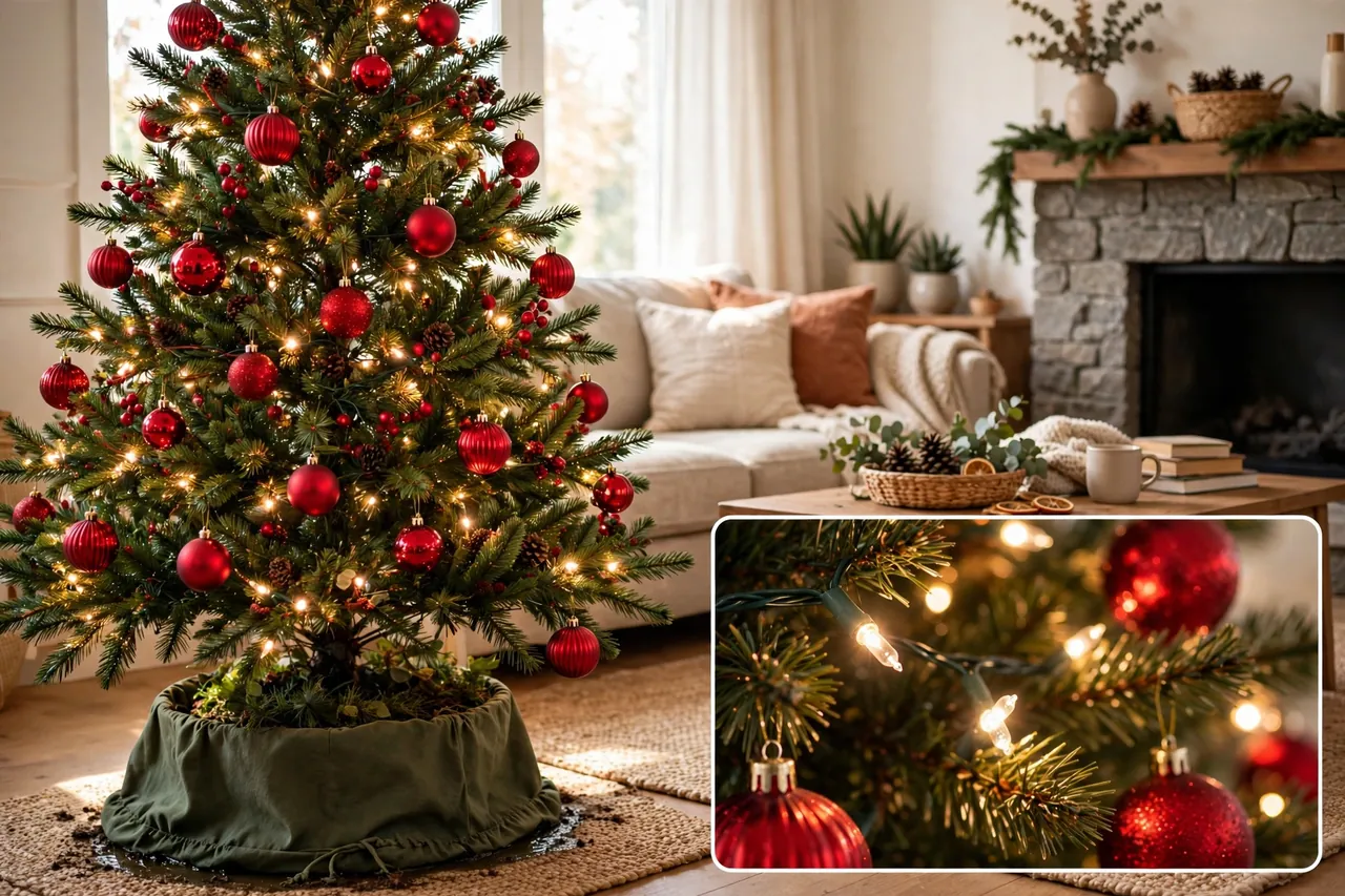 Red Christmas tree glowing with warm white lights standing away from a stone fireplace, with a close-up inset of warm LED light strands