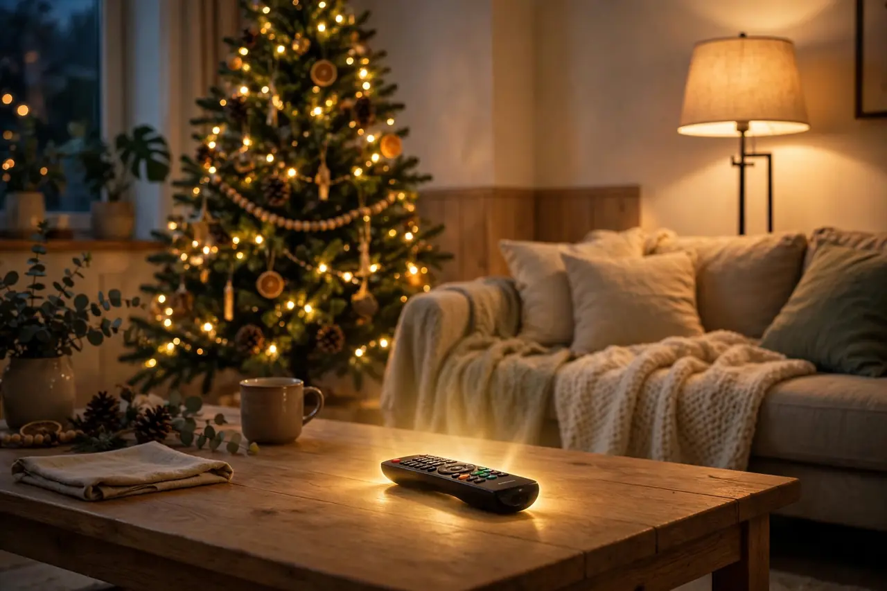 Christmas tree and floor lamp switched on by a remote control outlet, with the remote on the coffee table