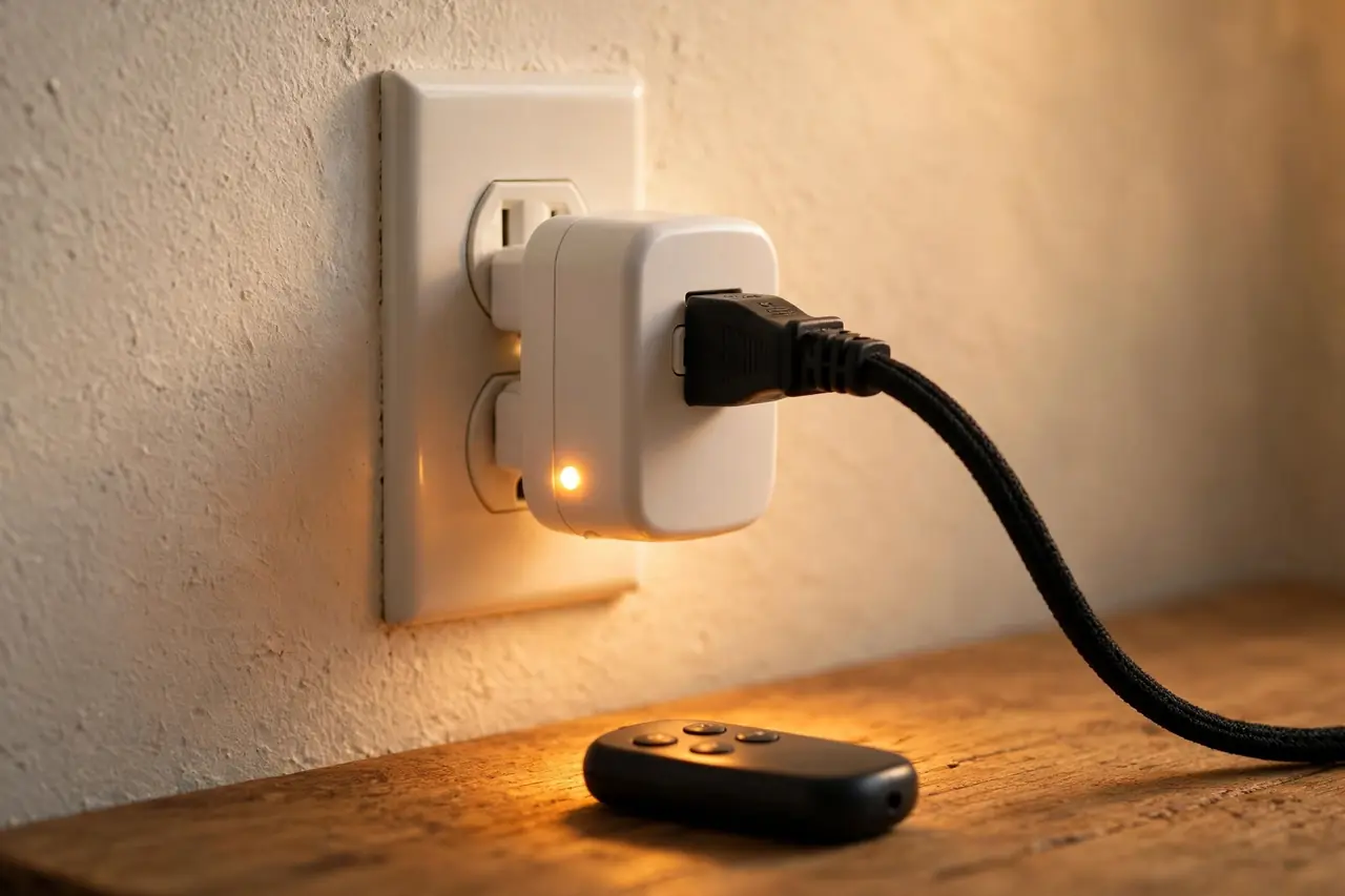Plug-in remote control receiver in a wall outlet with its indicator light glowing and the remote beside it