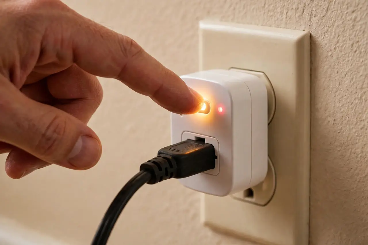 Fingers pressing the learning button on a remote control outlet receiver to pair it