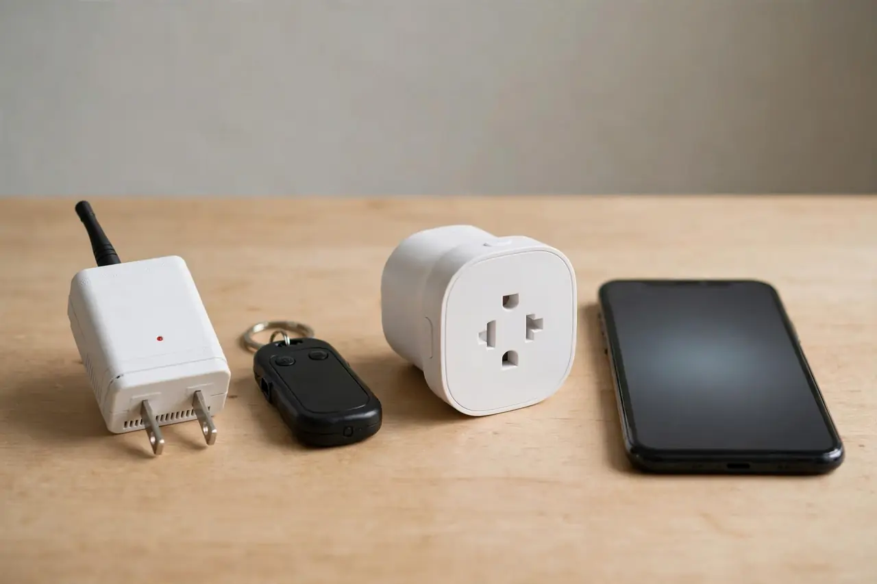 Remote control outlet receiver with its remote beside a Wi-Fi smart plug and a phone