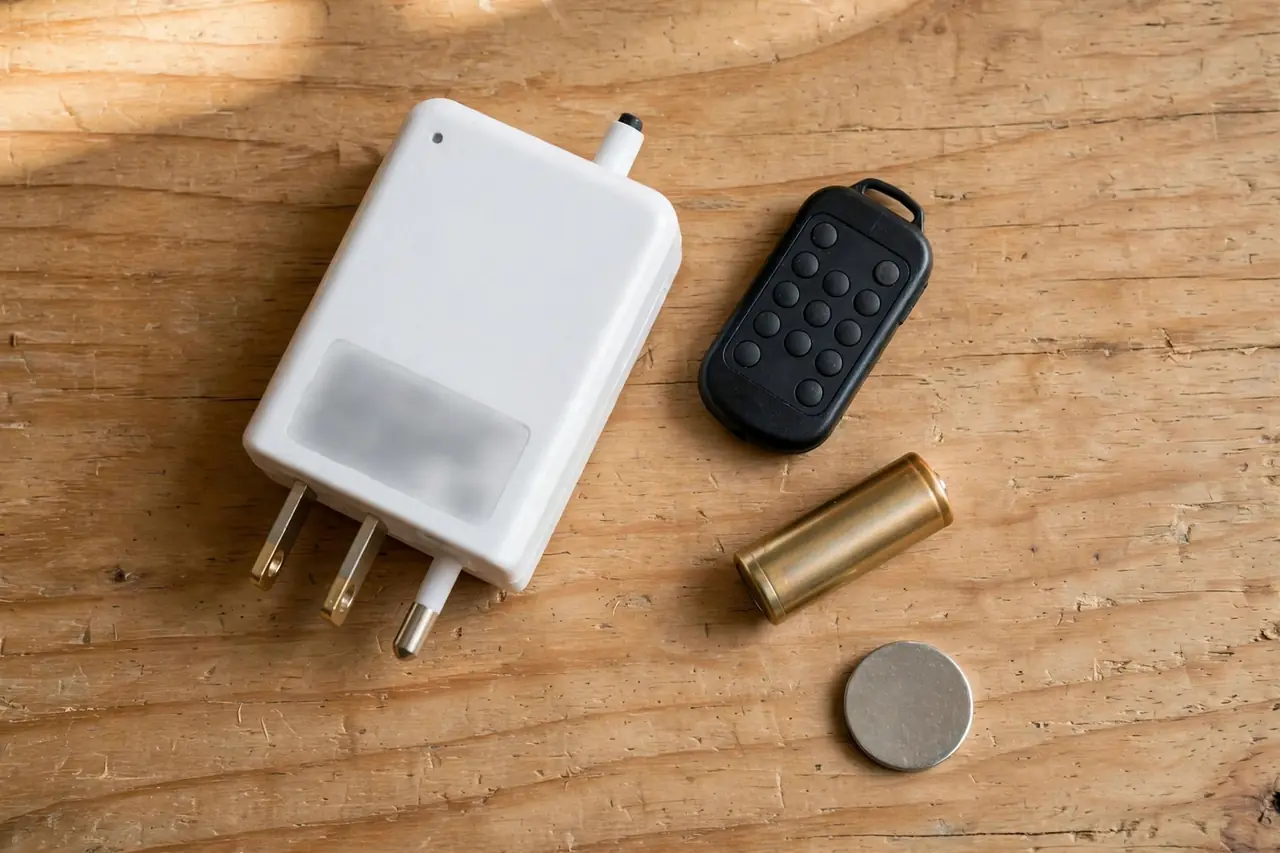 Remote control outlet kit laid out with its remote and spare A23 and CR2032 batteries