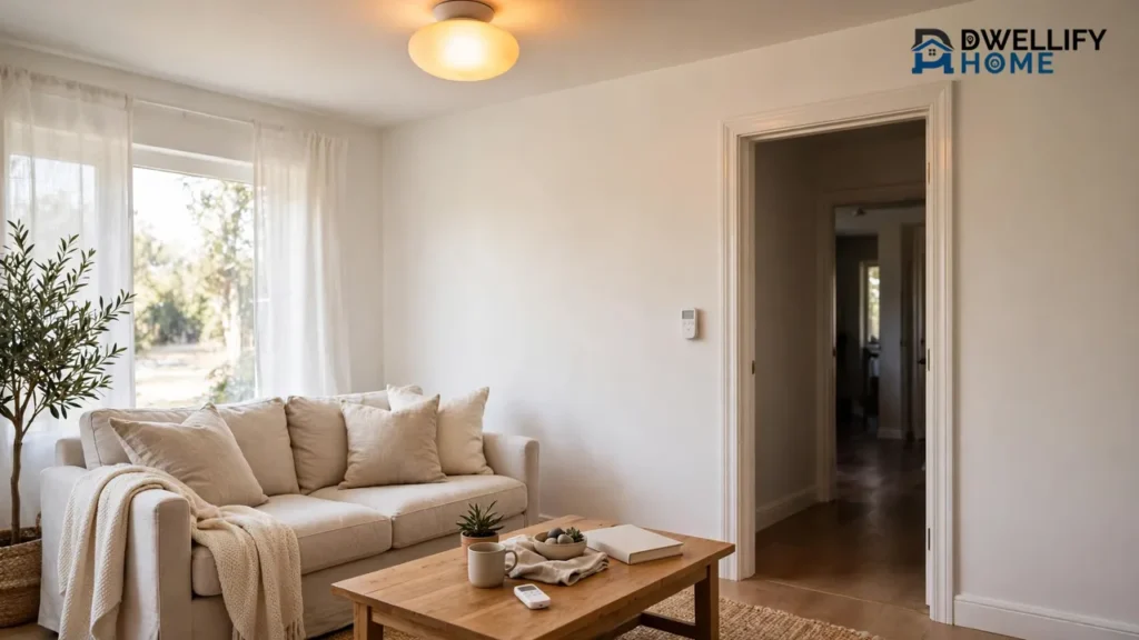 Living room with a wireless remote light switch mounted by the doorway, the ceiling light on and a handheld remote on the coffee table