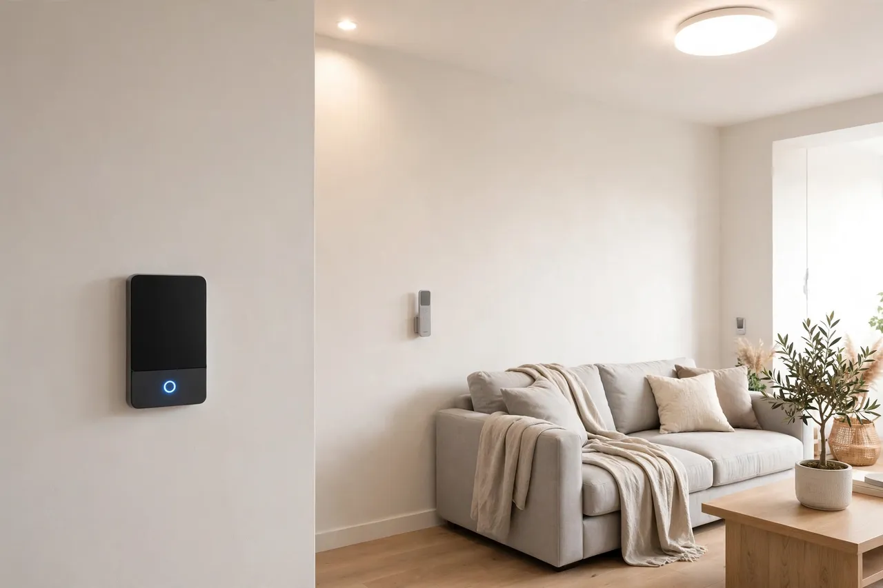 Smart light switch on one wall with its small battery remote mounted across the room by the sofa, ceiling light on