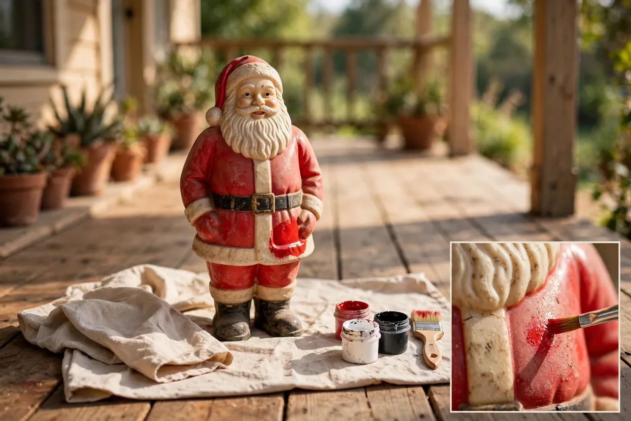 Faded vintage blow mold Santa on a drop cloth with paint pots and a brush beside it and a freshly touched-up red patch on its coat