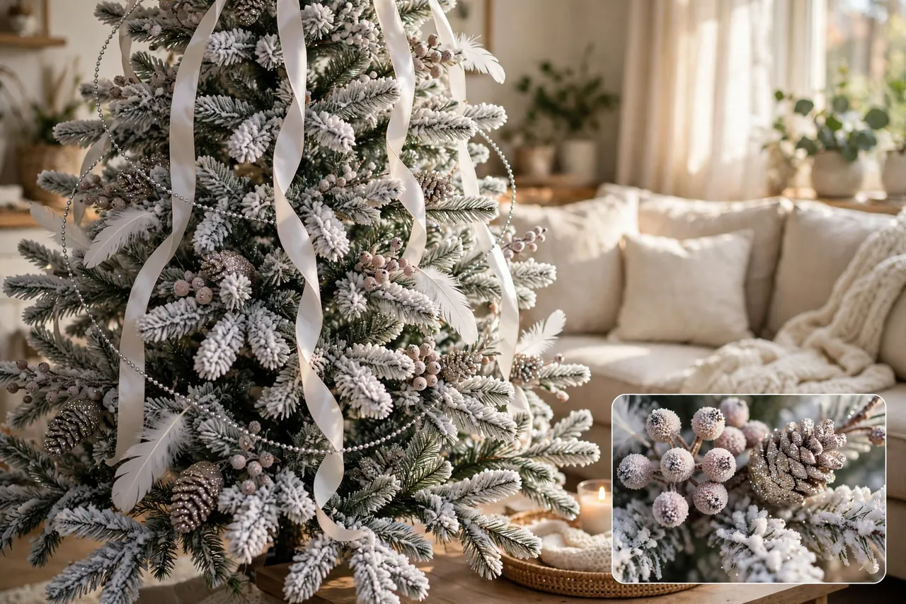 Flocked tree with vertical white ribbon falls, a slim silver bead strand, frosted berry picks, white feathers and glittered pinecones, with a magnified inset of frosted berries and a pinecone on a snowy branch