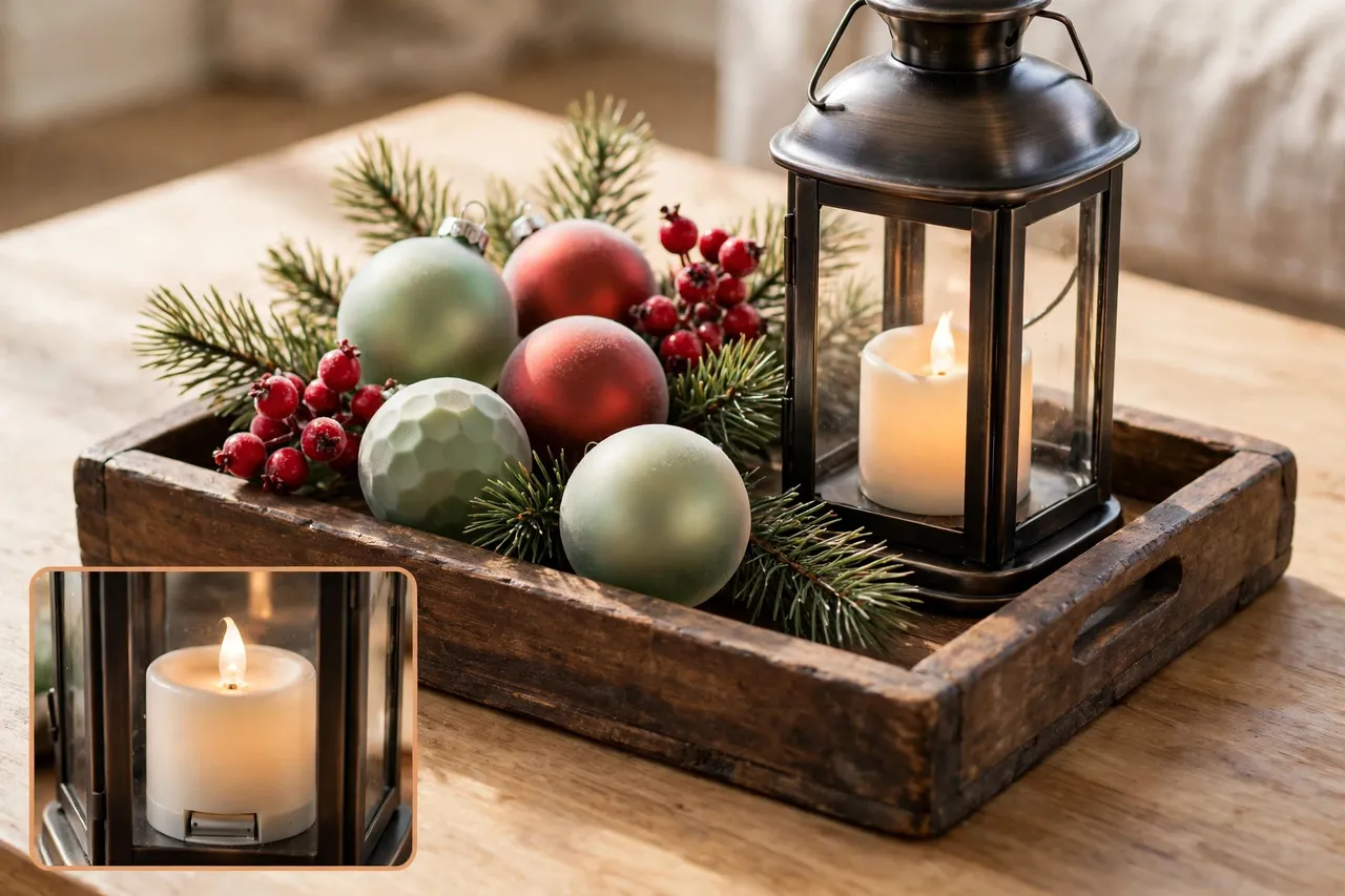 Low heavy wooden tray in the center of a coffee table holding shatterproof ornaments, faux berries, pine sprigs and a sturdy lantern with a battery candle