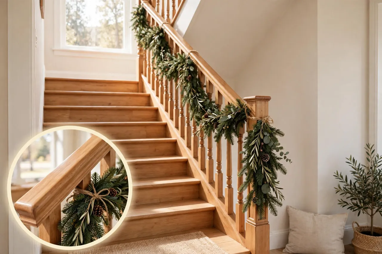 Staircase with garland fixed to the side of the banister so the handrail top stays clear and grippable, steps completely empty