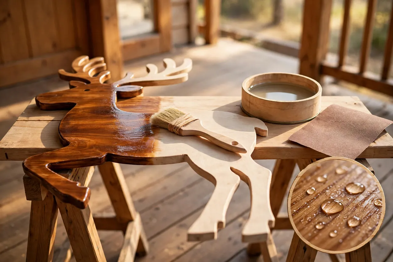 Flat wooden reindeer cutout on sawhorses half-coated in glossy clear sealer with a brush, sealer tin and sandpaper nearby, and a magnified inset of water droplets beading on sealed wood