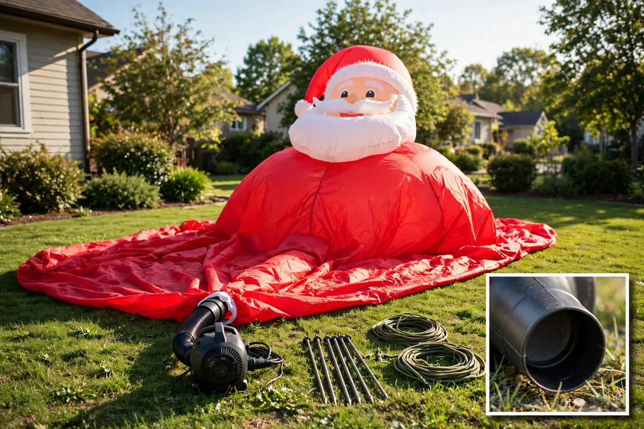 Large inflatable Santa filling with air on a clear lawn with its blower, ground stakes and coiled tether ropes laid out beside it