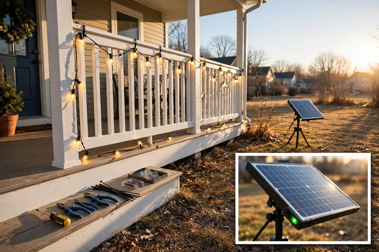 Solar panel tilted toward low winter sun in a yard beside a porch railing hung with warm string lights, with tools on the step