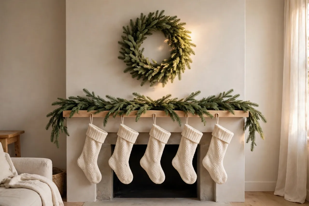 Simple Christmas mantel with one garland, one plain wreath and matching cream knit stockings
