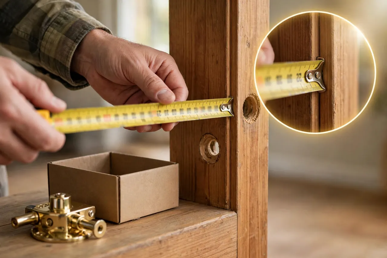 Measuring a door edge and bore with a tape measure next to a new deadbolt