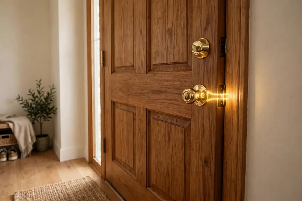 Single cylinder deadbolt thumb turn inside a home entry door with an inset of the bolt in its strike plate