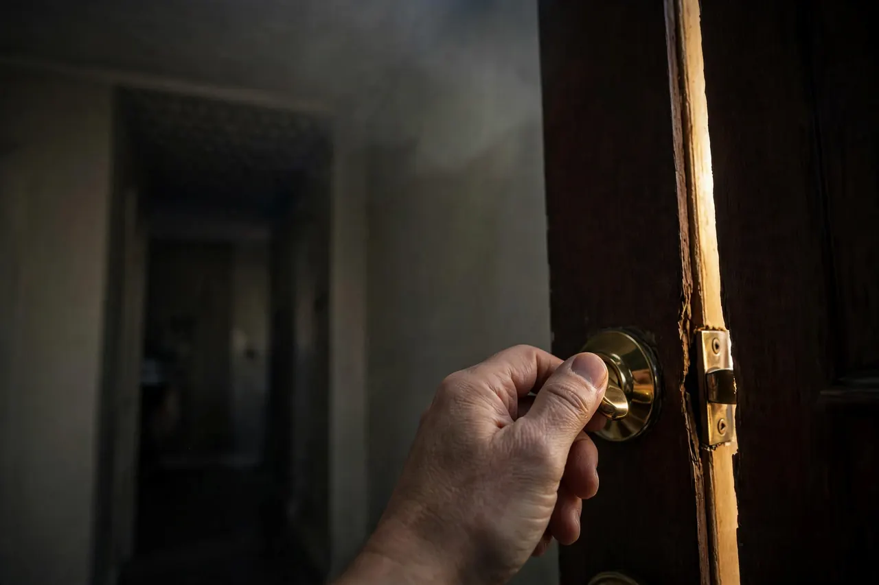 Hand turning a deadbolt thumb turn in a dim hallway at night