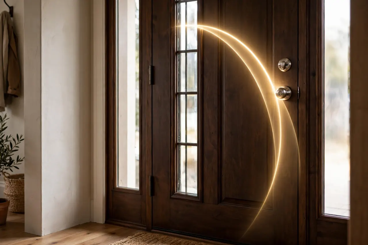 Entry door with a glass panel and sidelight, with the reach distance to the deadbolt highlighted
