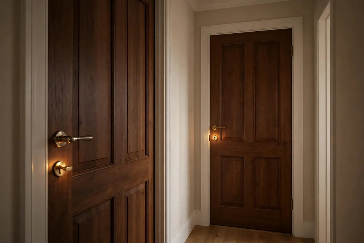 Two doors side by side — a thumb turn inside on one, a keyhole inside on the other