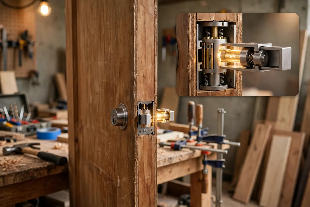 Cutaway of a single cylinder deadbolt inside a door edge showing the pins, tailpiece and bolt