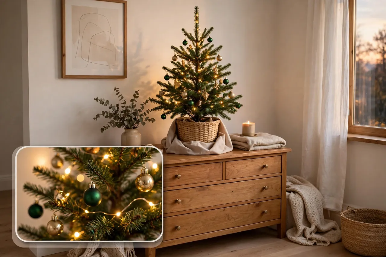 Small tabletop Christmas tree with green and gold mini ornaments and warm lights standing on a wooden dresser in a woven basket