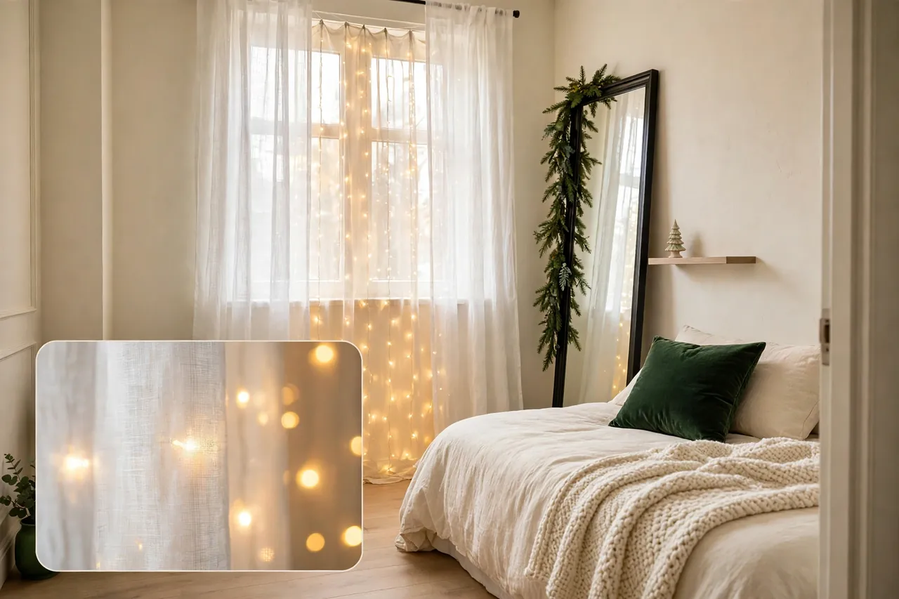 Small bedroom decorated upward with warm fairy lights behind sheer curtains, a slim garland up a tall mirror frame, and a tiny ceramic tree on a wall shelf, walkway clear