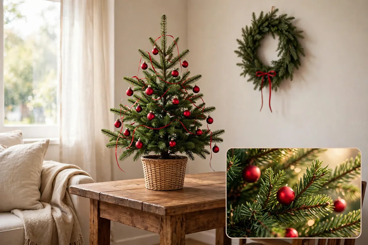 Small tabletop green Christmas tree with small red ornaments and thin red ribbon on a wooden table, with a green wreath with red ribbon on the wall