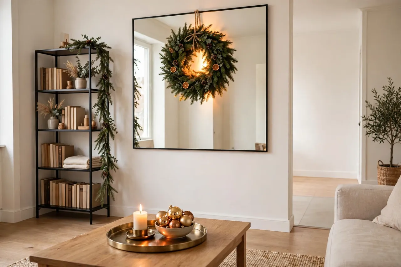 Small living room decorated vertically with a wreath high on a mirror, slender garland on a bookshelf and a gold tray display