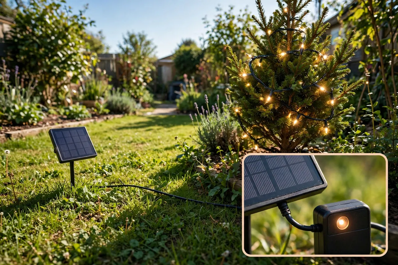 Small solar panel staked in sunny lawn connected to a small evergreen tree wrapped in warm lights, with a close-up inset of the panel and sensor box