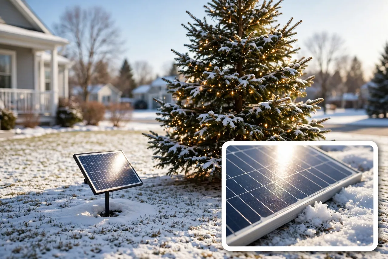 Solar panel brushed clear of snow in a sunny snowy yard beside a snow-dusted evergreen tree wrapped in warm lights