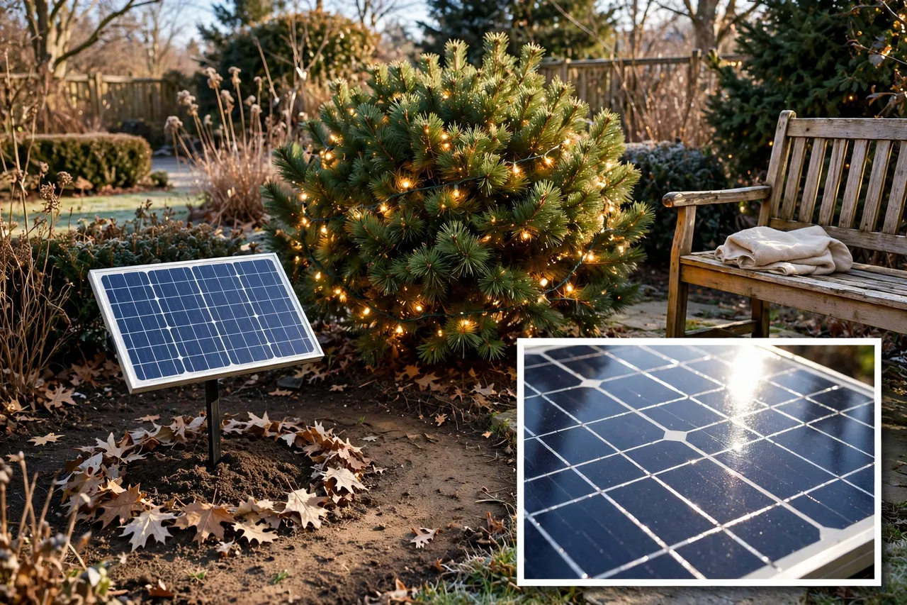 Clean solar panel staked in open sun beside a shrub wrapped in warm lights, with a cloth on a garden bench and leaves cleared away