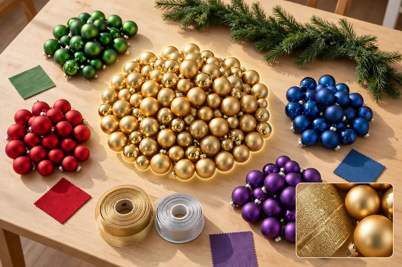 Christmas ornaments sorted into neat color groups on a wooden table — green, red, gold, blue and purple baubles with gold and silver ribbon spools, fabric swatches and a green garland, with a magnified inset of gold ribbon and baubles