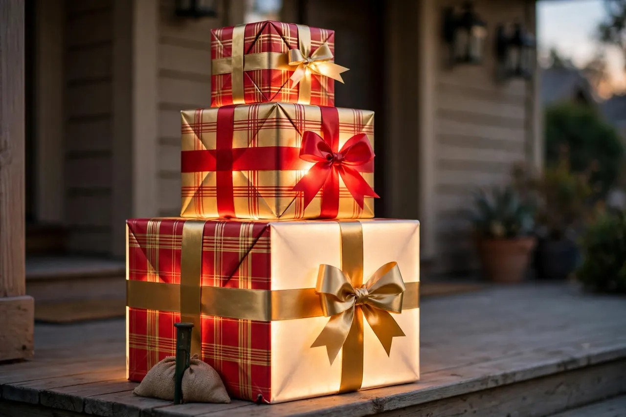 A tower of three glowing gift boxes stacked largest at the bottom and smallest on top on a porch, weighted with a sandbag at the base