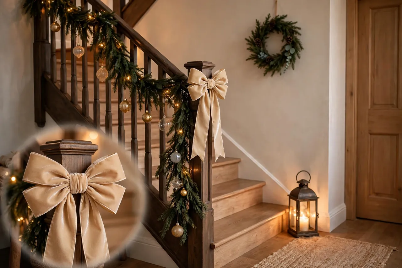 Staircase styled with a large ribbon bow at the newel post, shatterproof ornaments on the garland, wreath on the wall and lantern at the landing