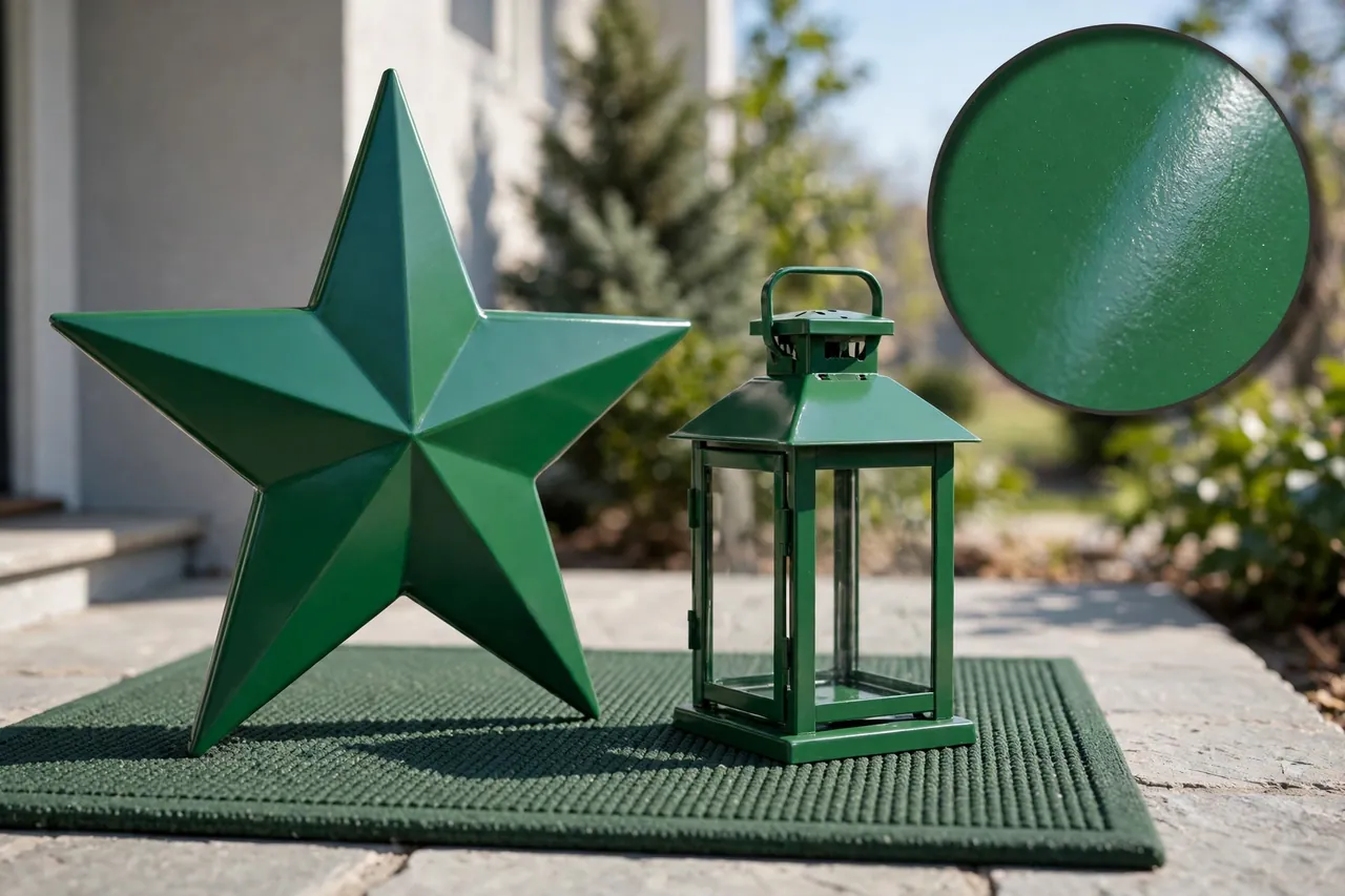 A clean green powder-coated metal star and matching metal lantern standing dry on a porch mat, with a close-up inset of a smooth sealed green metal finish