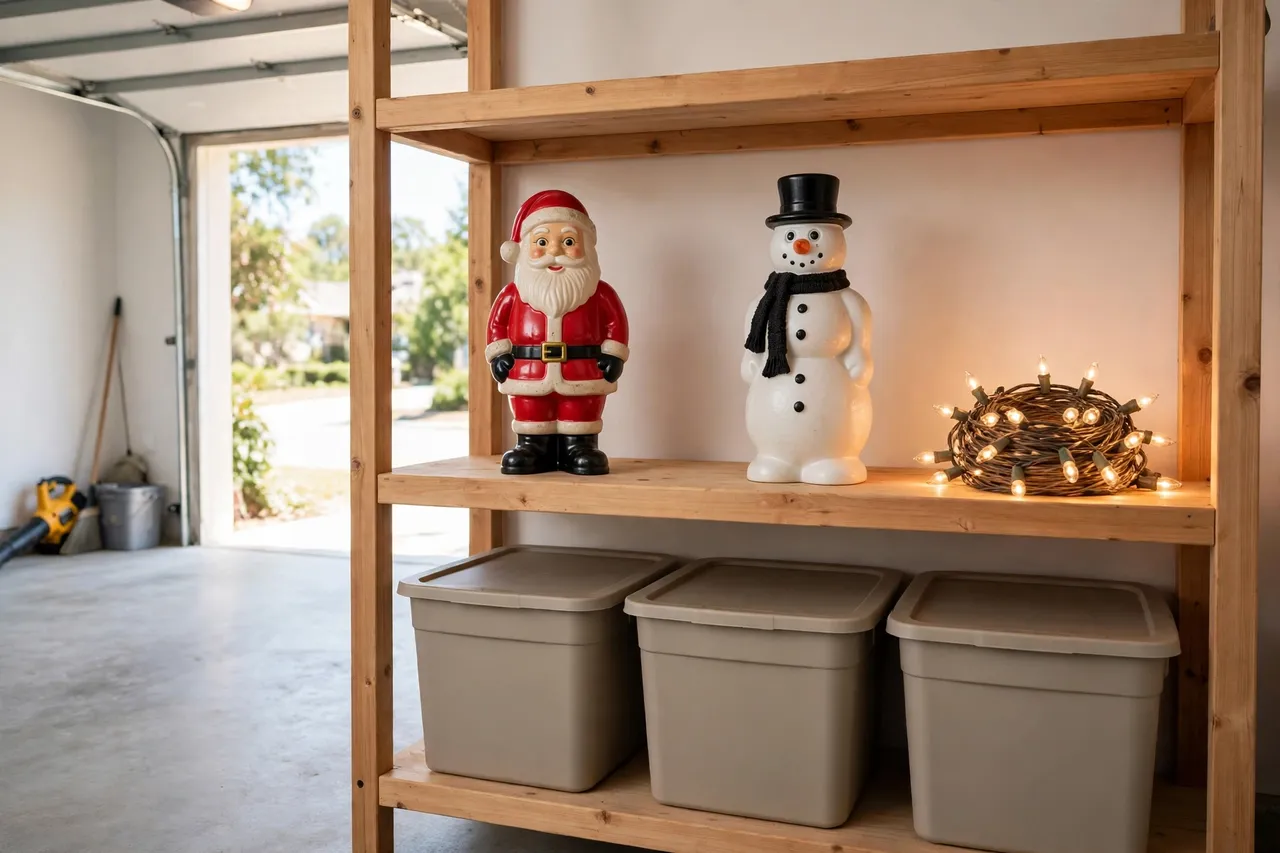 Vintage blow mold Santa and snowman stored upright with space around them on a garage shelf above plain storage bins, with a coil of bulb lights beside them
