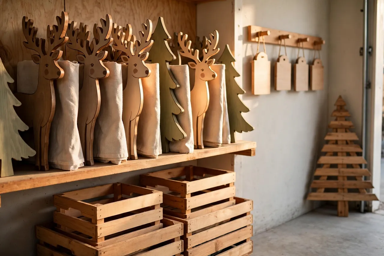 Dry garage storage with flat wooden reindeer and tree cutouts stored upright on a shelf with cloth spacers, nested wooden crates below, blank wooden signs on wall hooks, and a slatted wooden tree in the corner