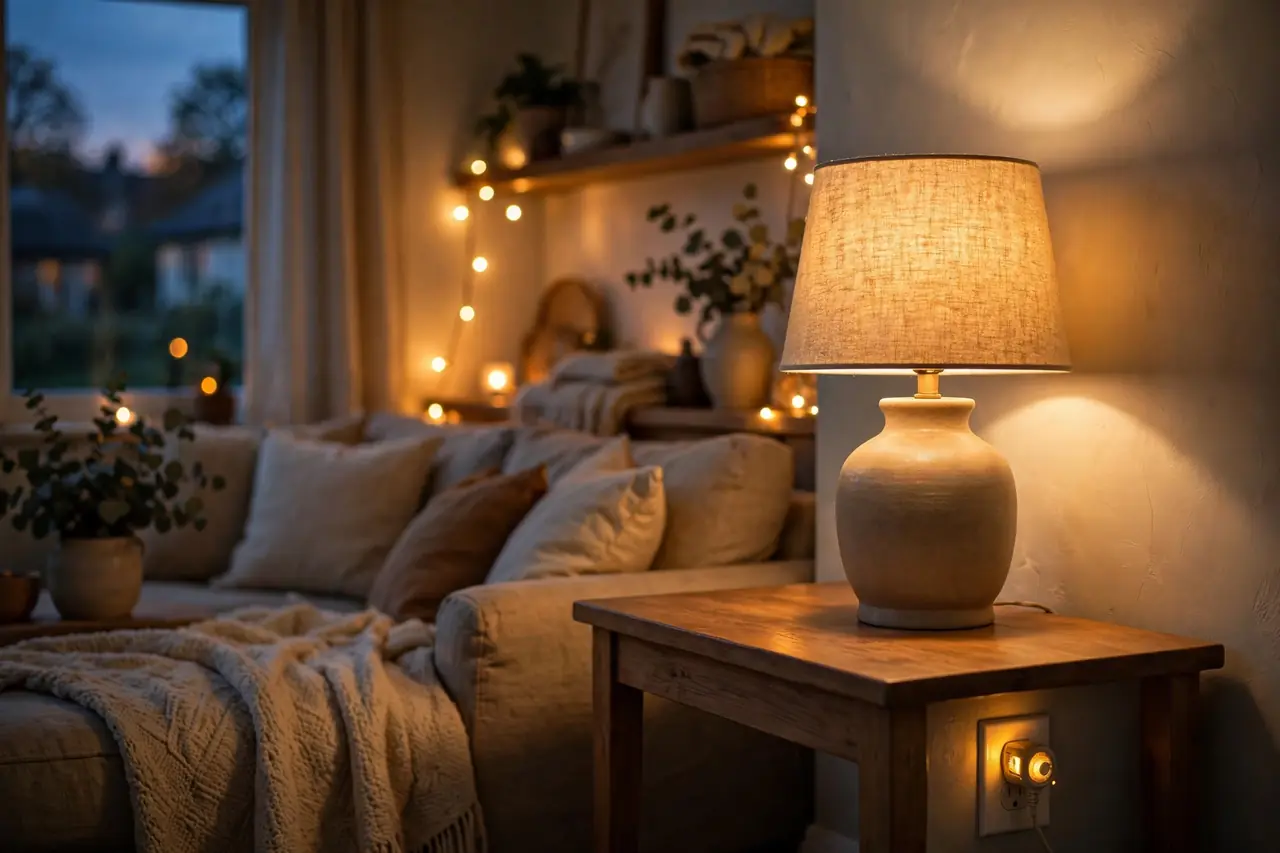 Lamp and string lights running on a timer outlet in a living room at dusk