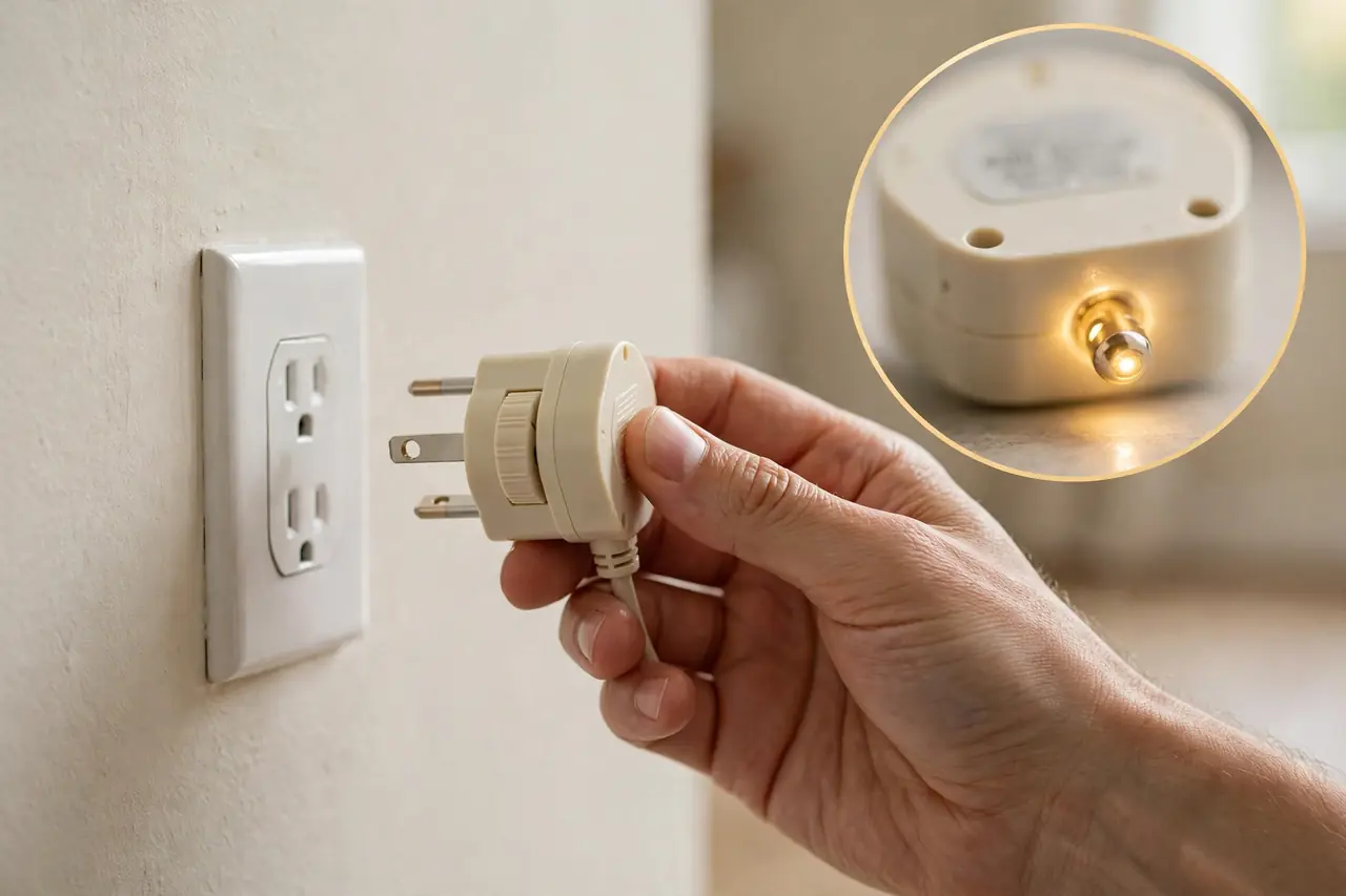 Grounded three-prong timer held beside a wall outlet with a magnified inset of the ground pin