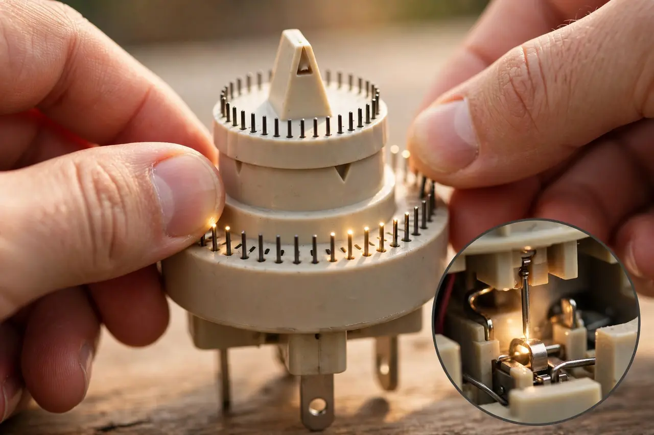 Hands pushing down the pins around a mechanical timer outlet's dial