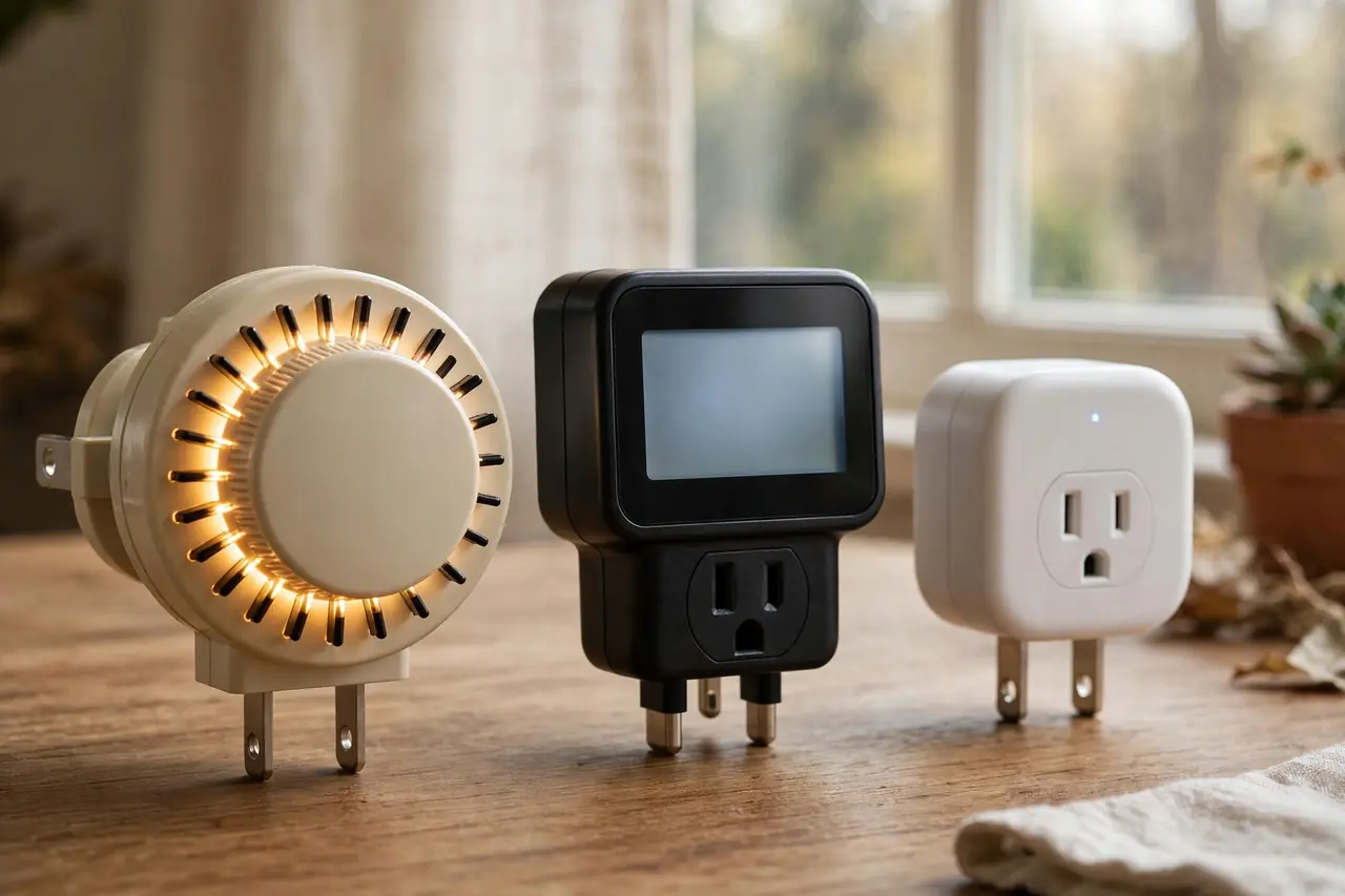 Three plug-in timer outlets side by side — mechanical dial, digital and smart plug