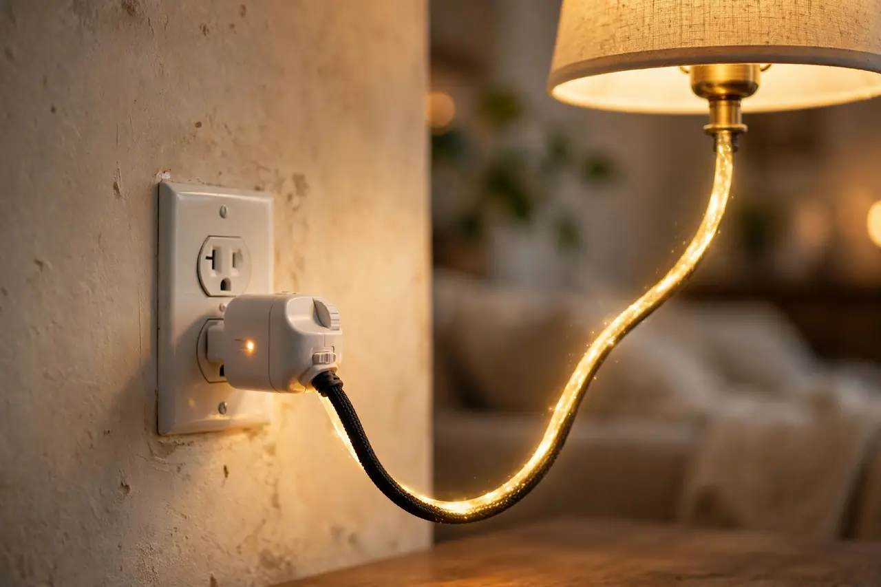 Plug-in timer outlet in a wall socket with a lamp plugged in and glowing