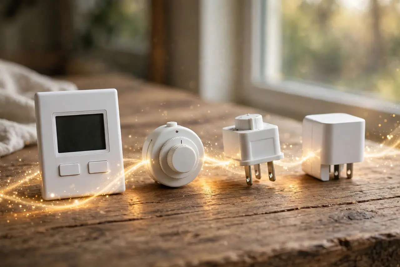 Four timer types in a row — in-wall timer, mechanical dial timer, plug-in timer and smart plug