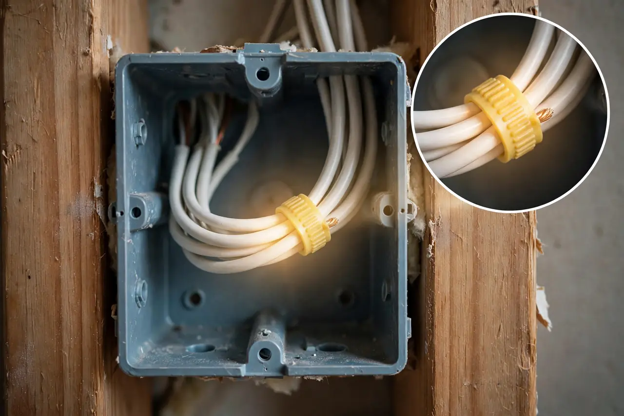 Open switch box showing the capped white neutral wire bundle with a magnified inset
