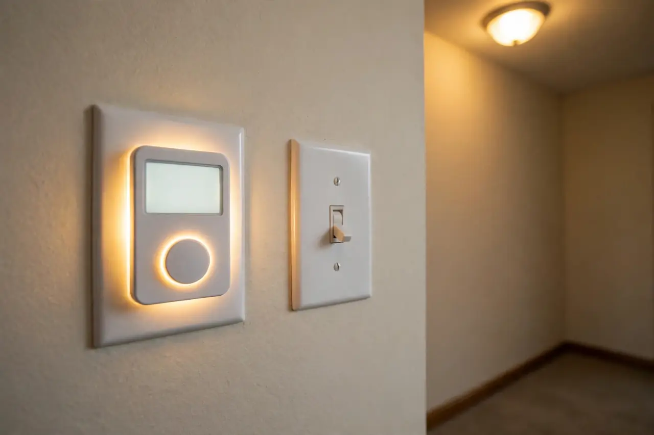 Timer switch beside a standard light switch on a hallway wall