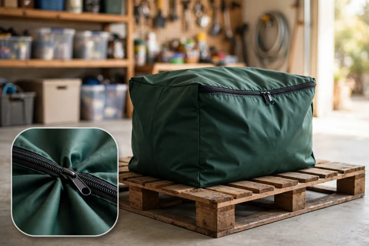 Green Christmas tree storage bag sitting alone on a wooden pallet off the garage floor with nothing stacked on top, with a close-up inset of its zipper closing smoothly