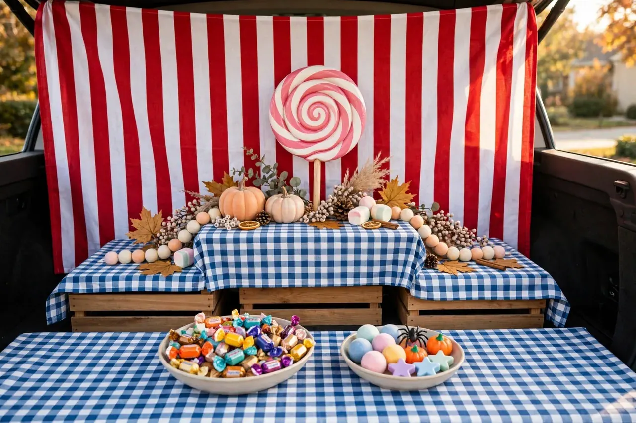 Candy-shop-themed trunk-or-treat table showing the three zones: striped backdrop at the back, display props on crates in the middle, and candy bowls on the clear front serving strip