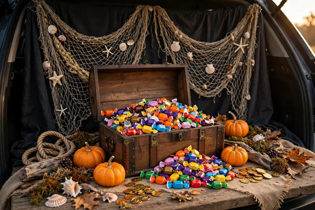 Pirate-treasure trunk-or-treat display: open treasure chest overflowing with candy in front of a fish-netting and seashell backdrop over dark fabric