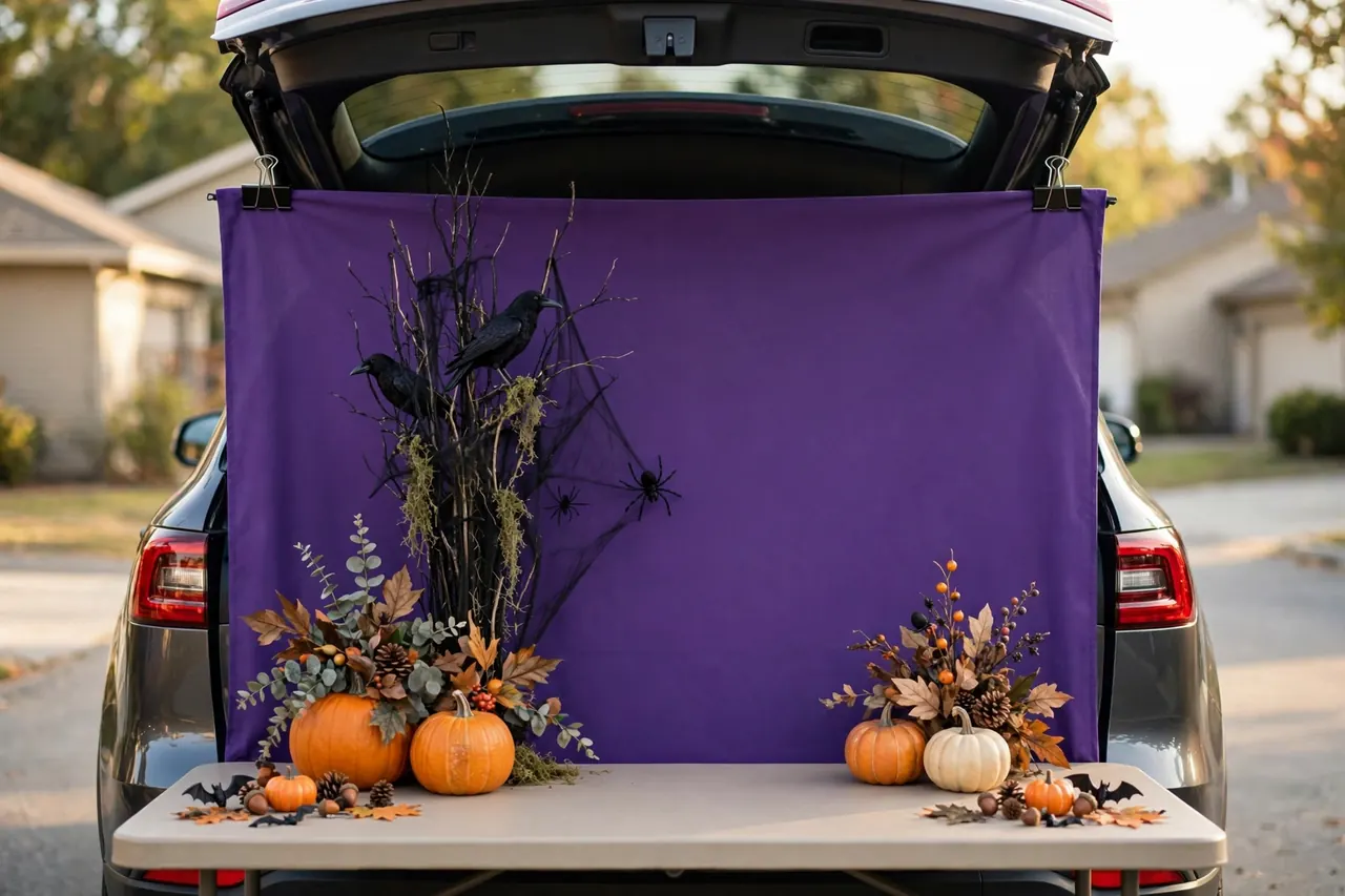 Tall purple fabric backdrop clipped to an open car hatch with decorations layered tall in the center and low at the sides, and a clear patch at child height for photos
