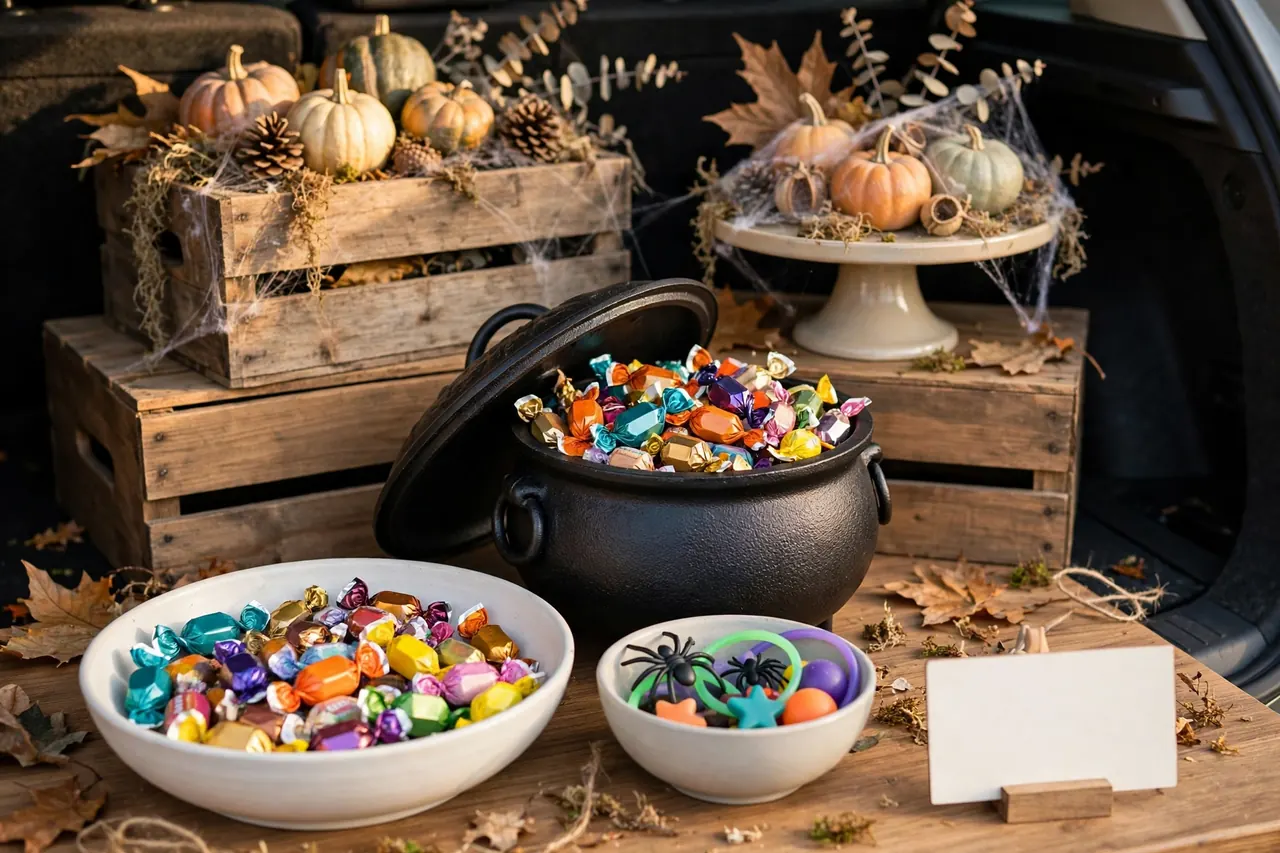 Trunk-or-treat tabletop laid out back to front: pumpkins on crate and cake-stand risers behind, a candy-filled cauldron with propped lid in the middle, wide shallow candy and treat bowls and a blank sign at the front edge