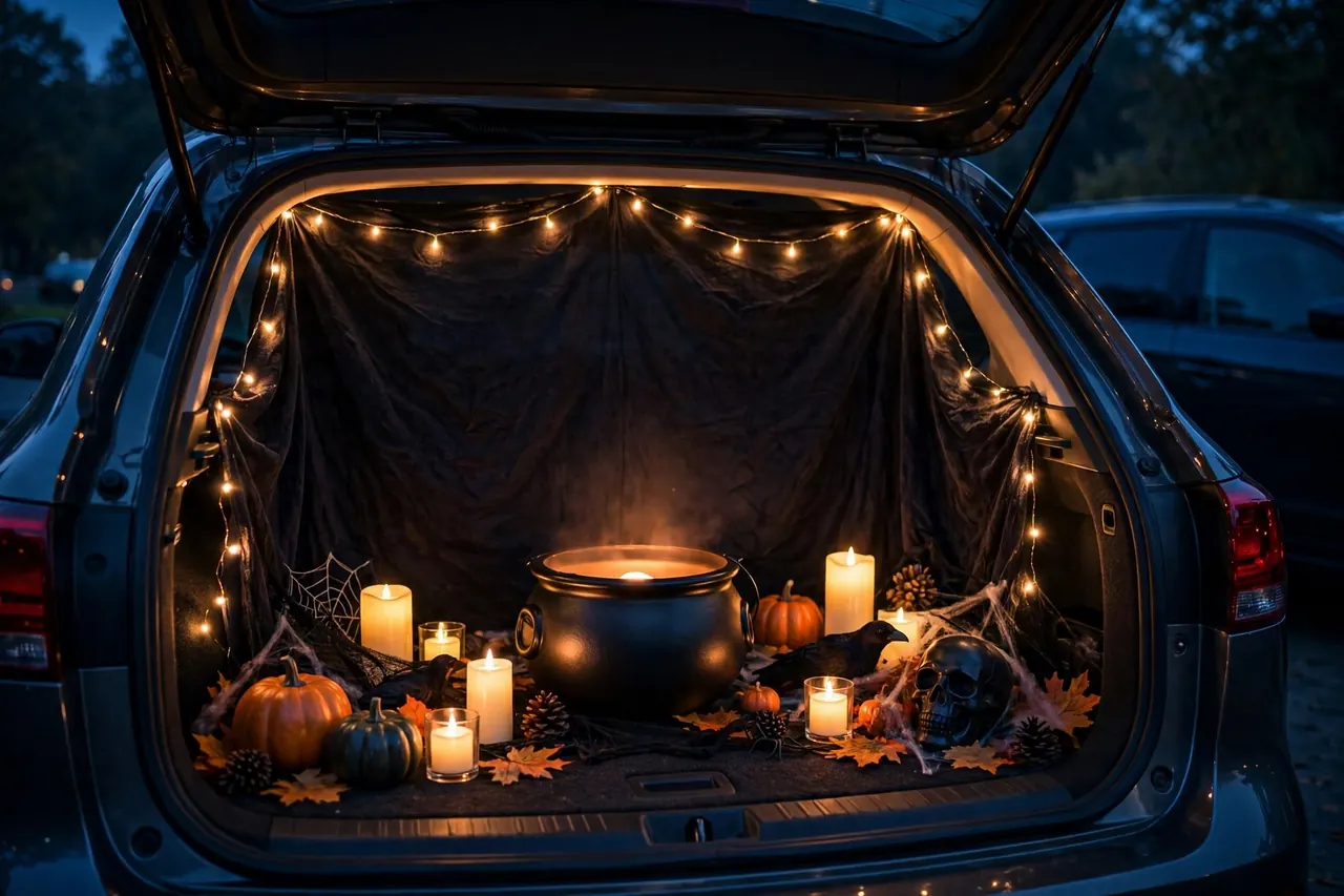 Trunk-or-treat display after dark lit by string lights around the backdrop, a glowing cauldron and flameless candles, with the car dark and engine off